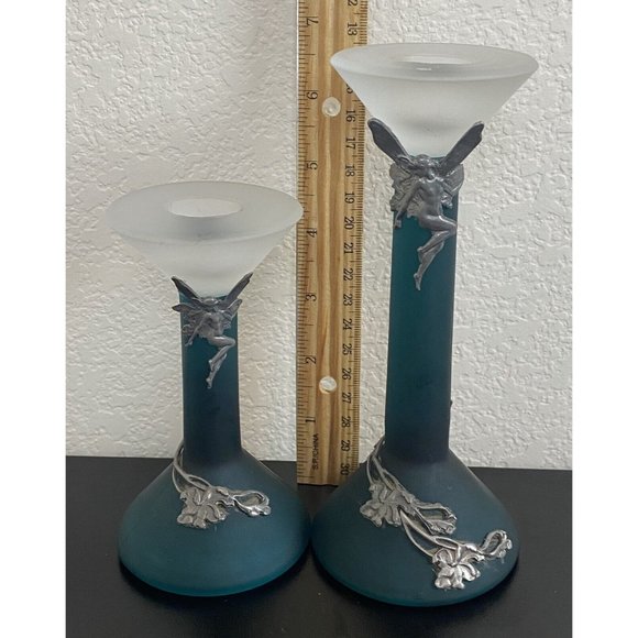 Turquoise Frosted Glass Candlesticks with tin Fairies Short and long Blue Green - Picture 8 of 8